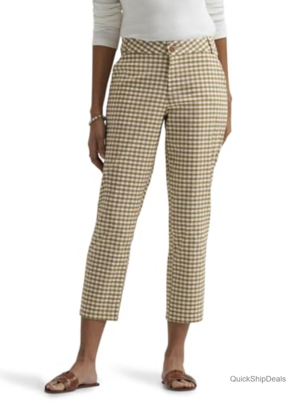 Women's Mid Rise Stretch Capri Pants Checkered Cotton Polyester Blend